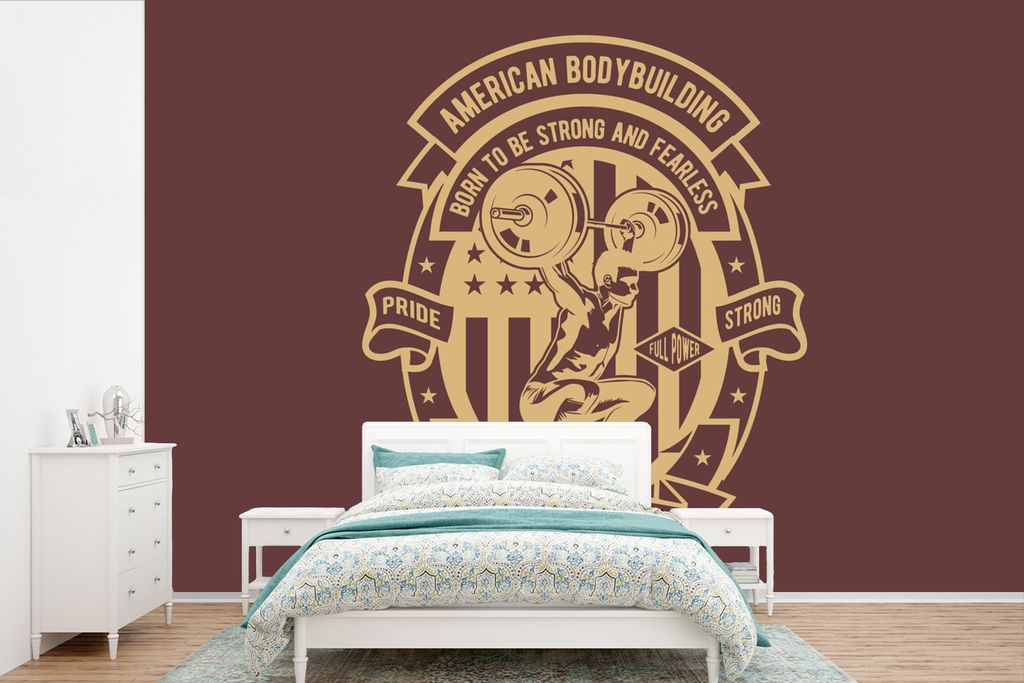 MuchoWow Fototapete für Wohnzimmer oder Schlafzimmer Wandtapete Vinyl Motivtapete Mannshöhle - Sport - Bodybuilding - Fahne - Vintage - 450x300...