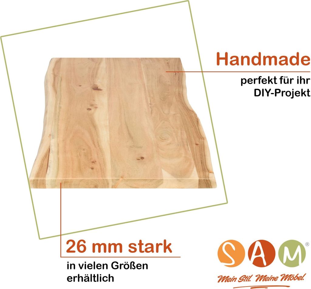 Tischplatte 180x40 cm Louisa, Holzplatte Akazienholz massiv + naturfarben + lackiert, Baumkanten-Platte für Heimwerker, Arbeitsplatten, Tische & F...