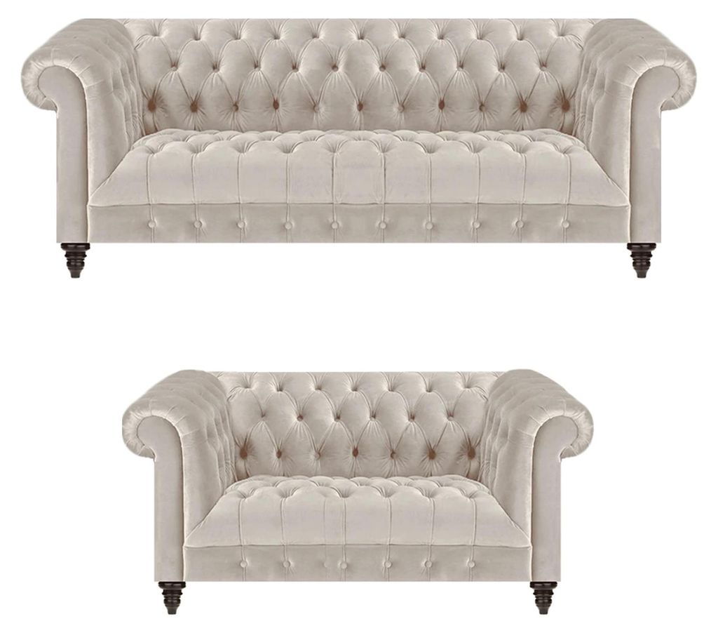 Designer Chesterfield Weiße Couchgarnitur 3-Sitzer Textil Zweisitzer