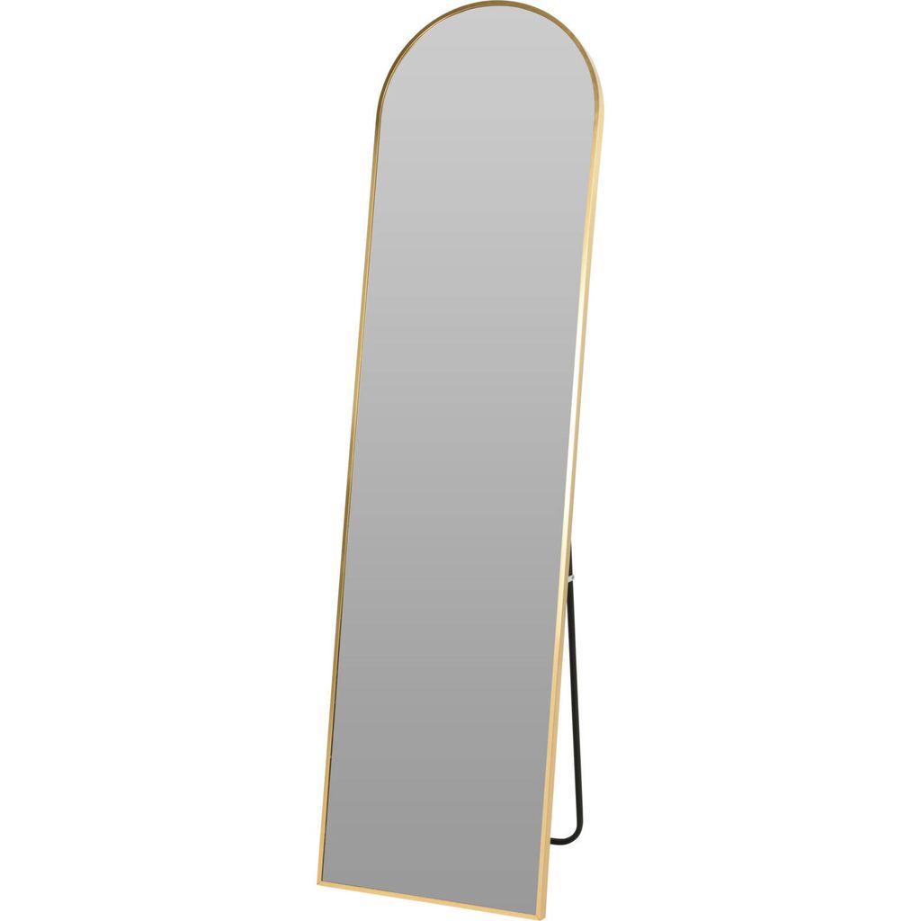 A tall, arched floor mirror with a gold frame stands on a black support leg against a white background.