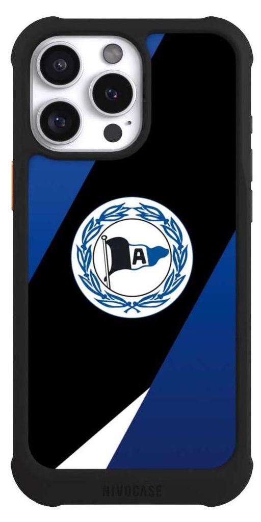 NIVOCASE Hülle für Apple iPhone 16 Pro Max Stoßfeste Handyhülle NIVOmax Case Schwarz Arminia Bielefeld DSC Offizielles Lizenzprodukt
