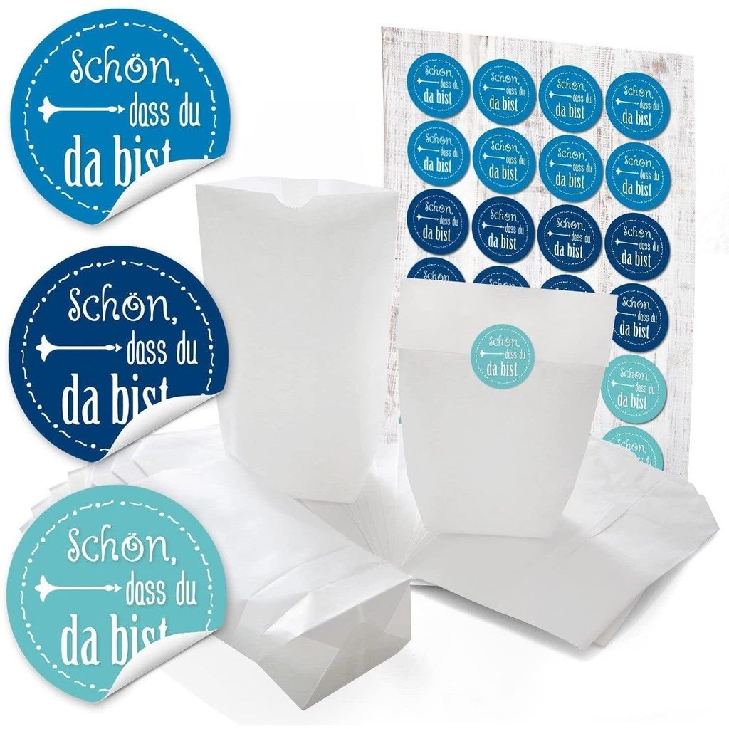 24 kleine weiße Papiertüten mit Boden Papier-Beutel give-away Tüten 14 x 22 x 5,6 cm + 24 runde Aufkleber Sticker SCHÖN DASS DU DA BIST in grau...