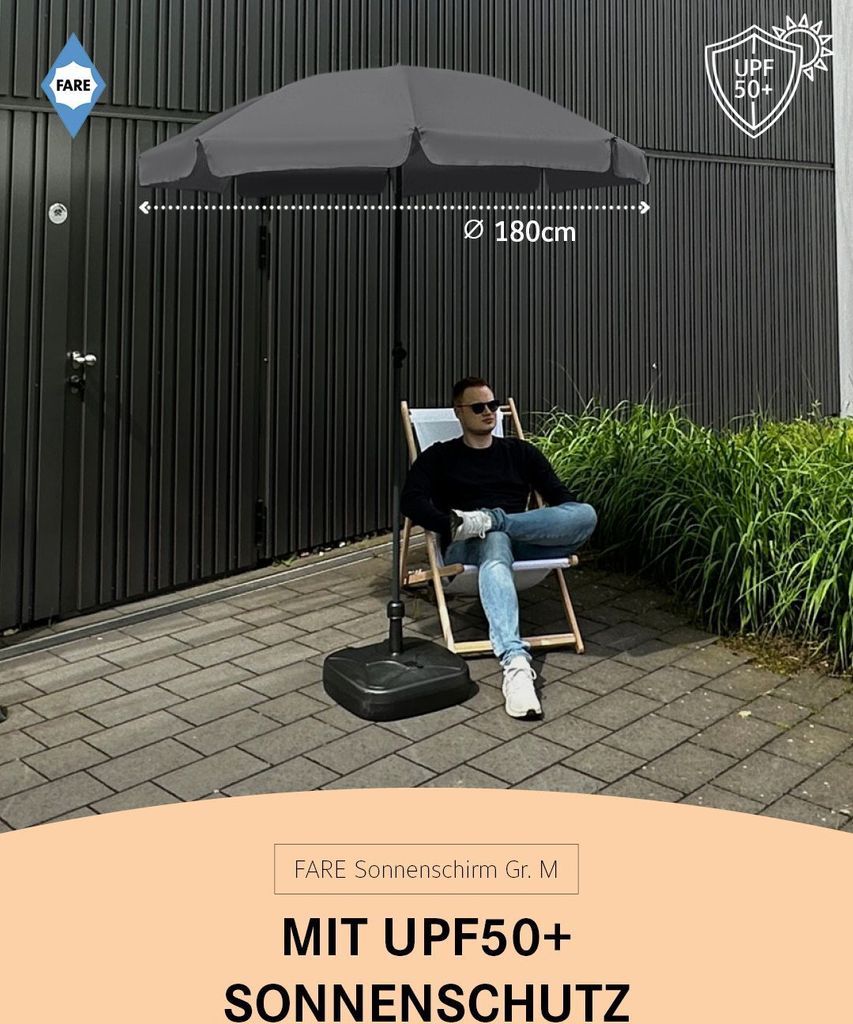 FARE Sonnenschirm M Höhenverstellbar Knickvorrichtung Lichtschutzfaktor UPF 50+ 180cm, Farbe:Grau