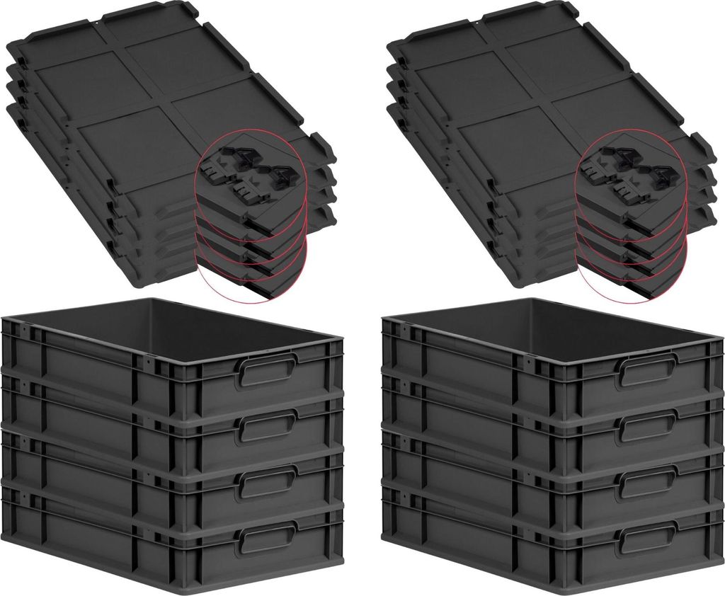 SuperSparSet 8x Eurobox NextGen Grip mit Scharnierdeckel und schwarzen Schiebeschnappverschlüssen | HxBxT 12x40x60cm | 23 Liter | Schwarz | Griffe...