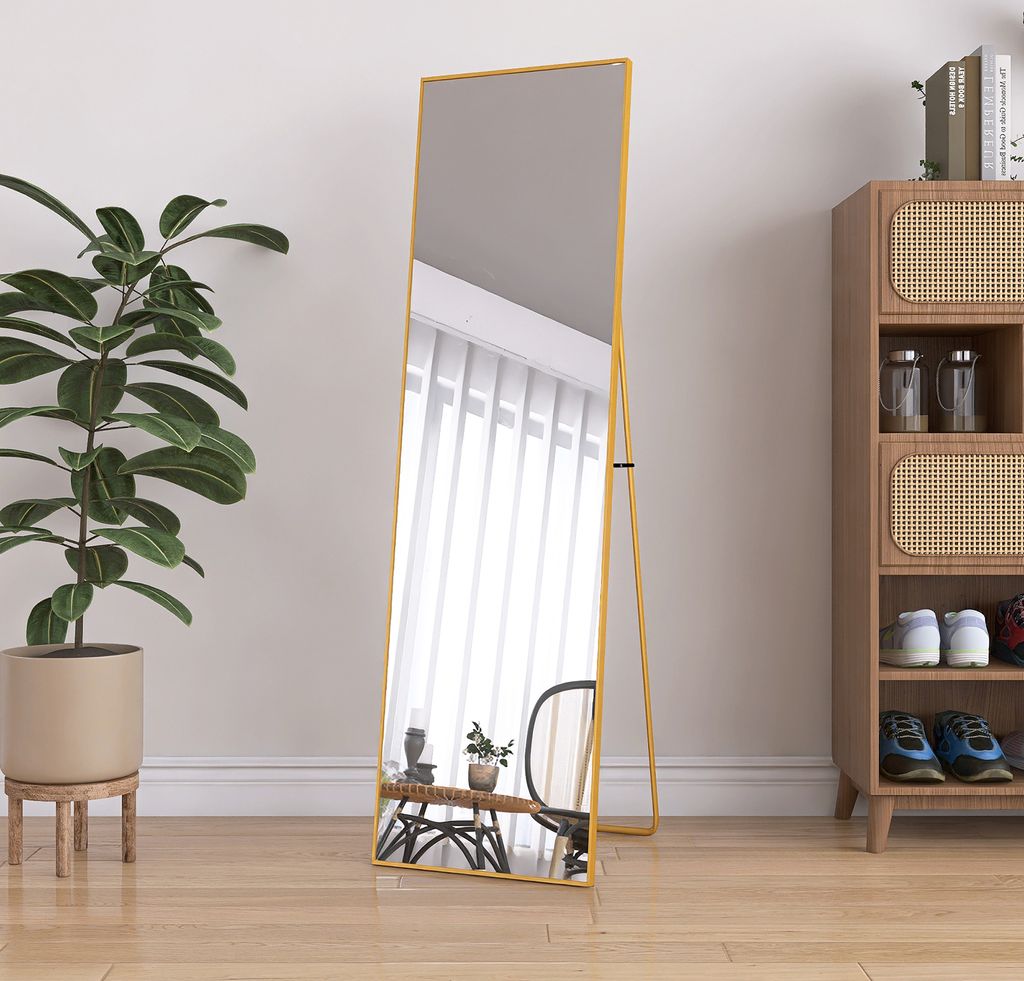 CDGlobal Ganzkörperspiegel – Wandspiegel im minimalistischen Design – Stehender rechteckiger Spiegel mit Metallkante – Gold – 40 x 140 x 3 cm