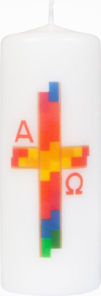 Hausosterkerze, Ostertischkerze Mosaik-Kreuz, A+O 160 x Ø 60 mm (Transferdruck)