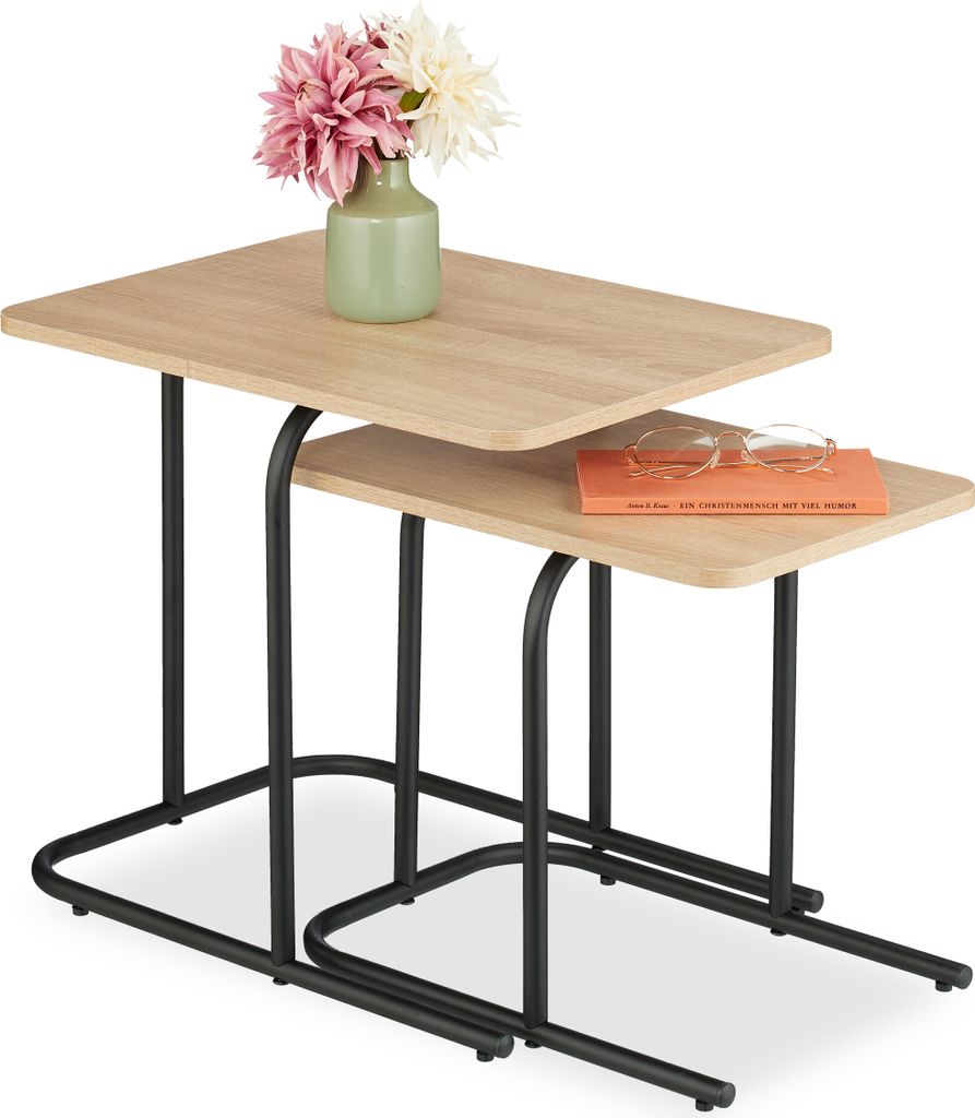 Relaxdays Satztisch, 2er Set, Holzoptik, Metall, eckiger Beistelltisch, Wohnzimmer, Flur, Couchtisch, hellbraun/schwarz