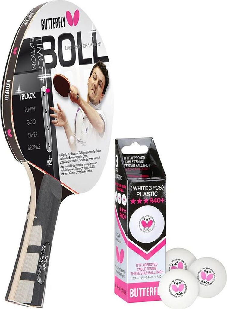 Butterfly 1x Timo Boll Black 85030 Tischtennisschläger + 3x 40+ 3*** Tischtennisbälle | Tischtennisset Tischtennis Set TT Tabletennis