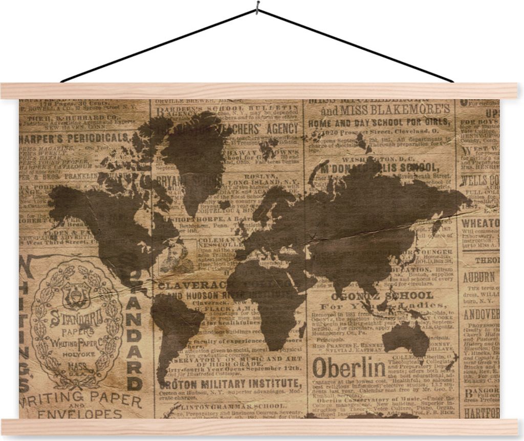 MuchoWow Textilposter Weltkarte - Retro - Zeitung 120x80 cm mit holzfarbenen Rahmen - Aufhängeset