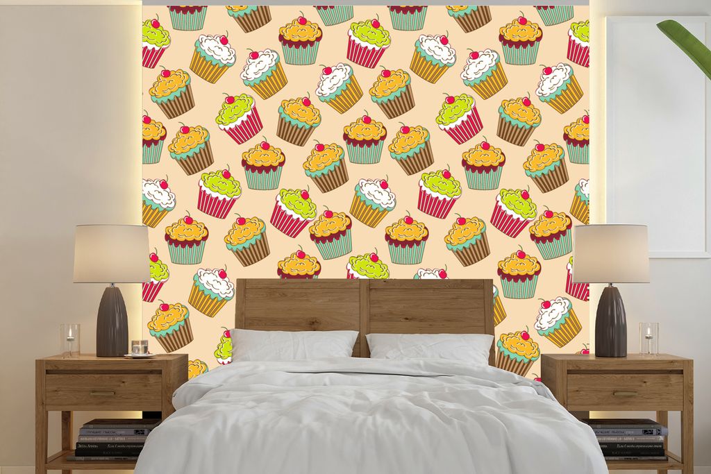 MuchoWow Fototapete für Wohnzimmer oder Schlafzimmer Wandtapete Vinyl Motivtapete Muster - Lebensmittel - Cupcake - 240x240 cm - Schlafzimmer-Ta...
