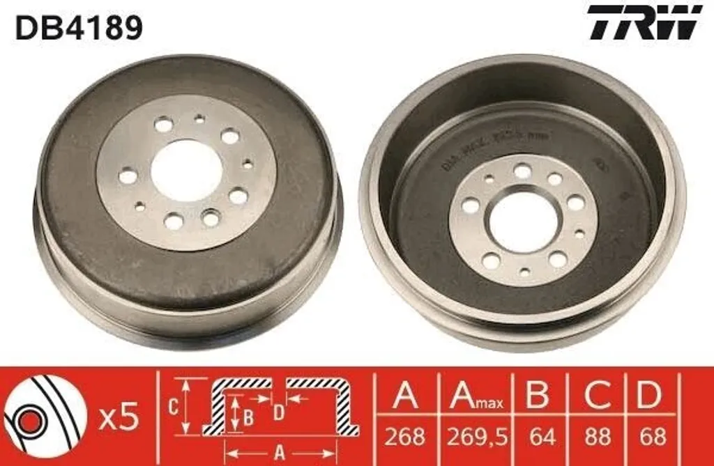 Tambour de frein en fonte TRW DB4189 robuste pour châssis T4