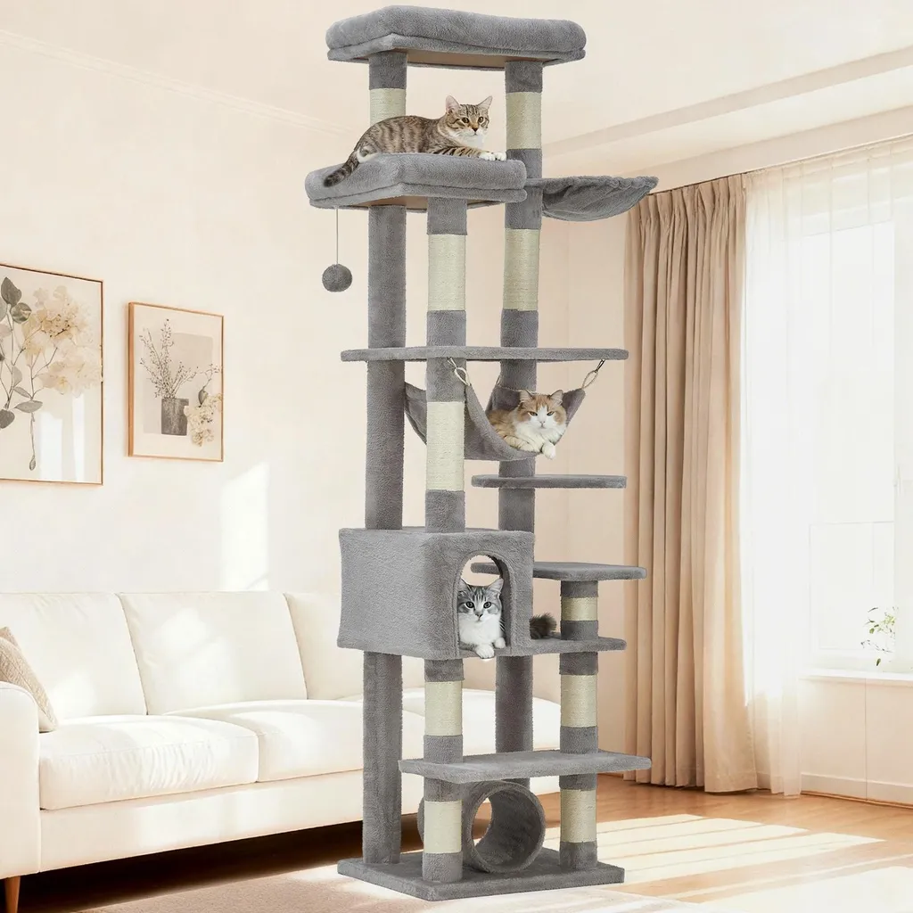 Arbre à chat XL Gris clair stable pour grands chats avec hamac douillet