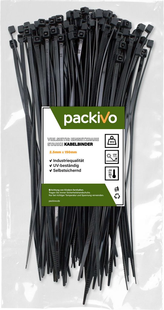 PACKIVO Profi Kabelbinder 2,5 x 150mm schwarz starke Kabelbinder Industriequalität UV Beständig Zugfestigkeit 8Kg für Kabelmanagement, DIY