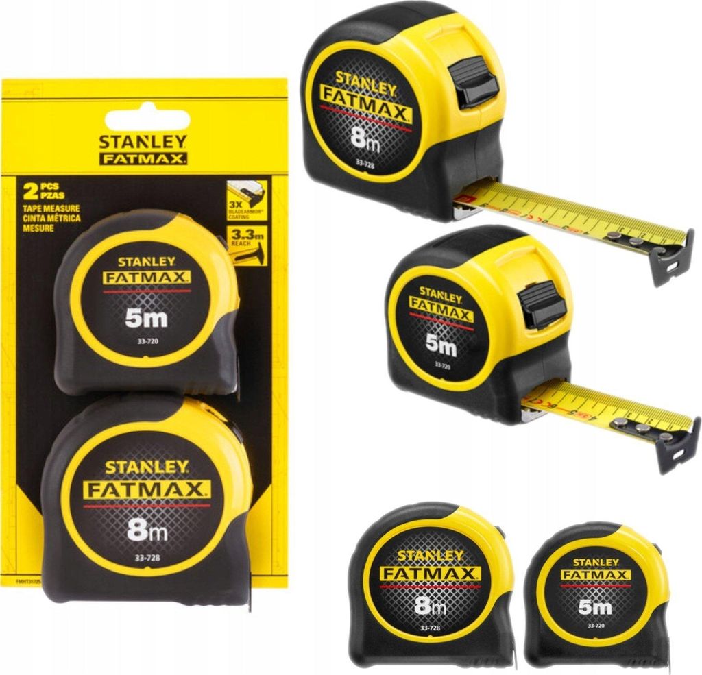 A product packaging with two tape measures, and two additional tape measures shown separately.
