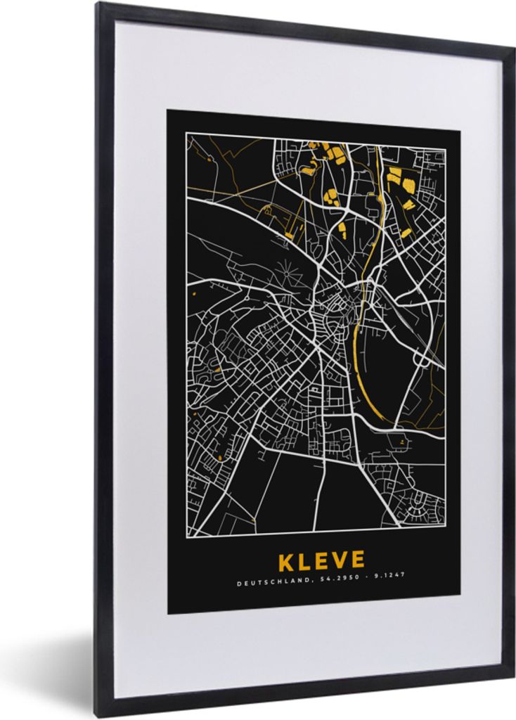 MuchoWow Gerahmtes Poster Karte - Stadtplan - Kleve - Deutschland - Gold 40x60 cm - Poster mit Schwarzem Bilderrahmen Wandposter Rahmen Foto Bild...