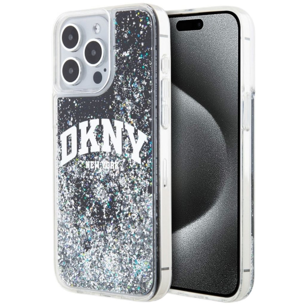 DKNY, Schutzhülle Liquid Glitter Arch Logo f. Apple iPhone 15 Pro Max, Schwarz