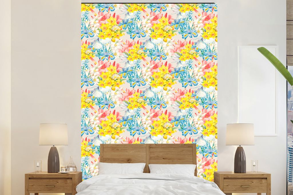 MuchoWow Fototapete für Wohnzimmer oder Schlafzimmer Wandtapete Vinyl Motivtapete Blumen - Vintage - Farben - 155x240 cm - Tapete