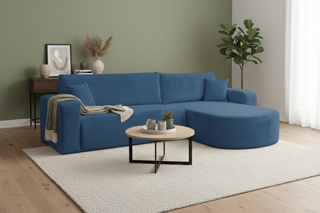 VENASI TOKIO Ecksofa mit Schlaffunktion und Bettkasten aus Cord – Schlafsofa Eckcouch Sofa Blau