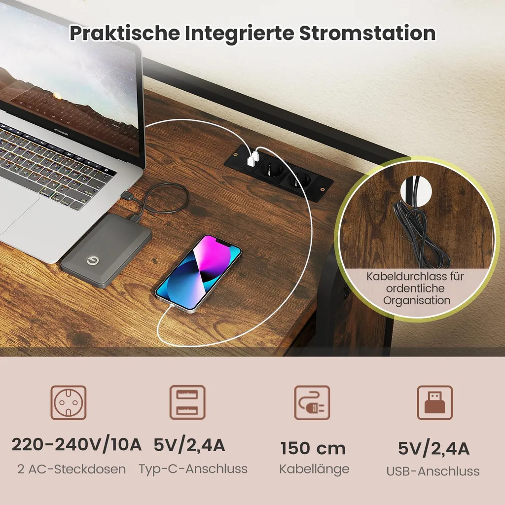 Costway Scrivania Pieghevole con Sgabello e Prese USB Marrone Office - 5