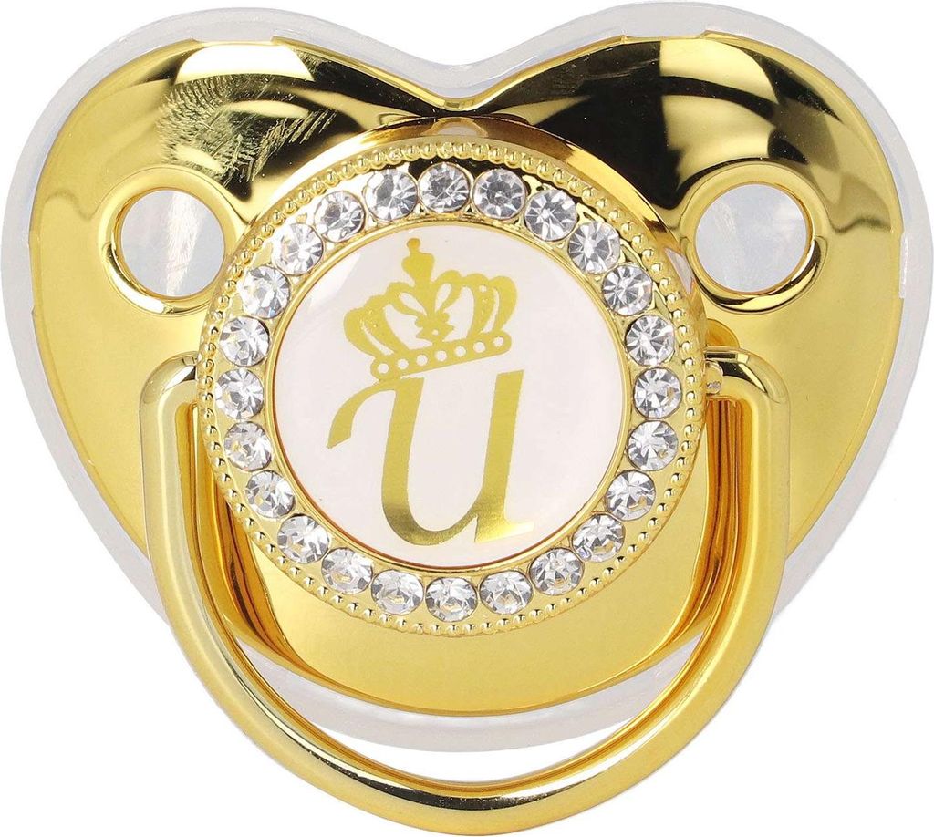 Tragbarer Baby-Schnuller für Kleinkinder, exquisiter goldener Kronen-Buchstabe, Strass mit Kettenclip U