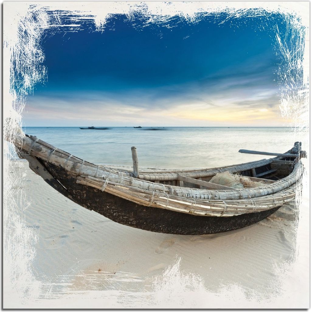 Kunstdrucke Wandbilder Holz in : Brillante Farben, Größe 50 x 50 cm Motiv Fischerboot am Strand mit Sonnenuntergang