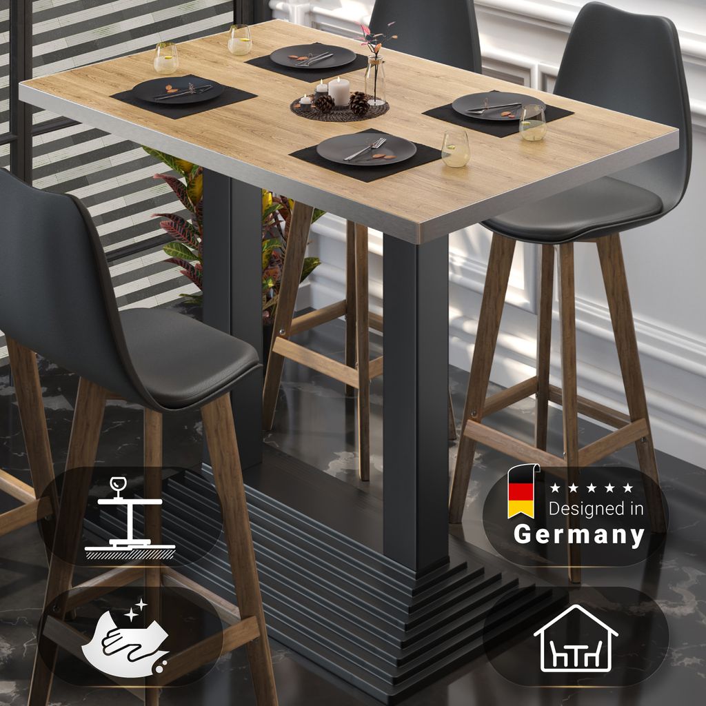 BPY | Bistro Stehtisch | 110 x 60 x 112 cm | Edelstahl Rand | Rechteckig | Eiche / Schwarz | Gastro Steh Tisch Restaurant