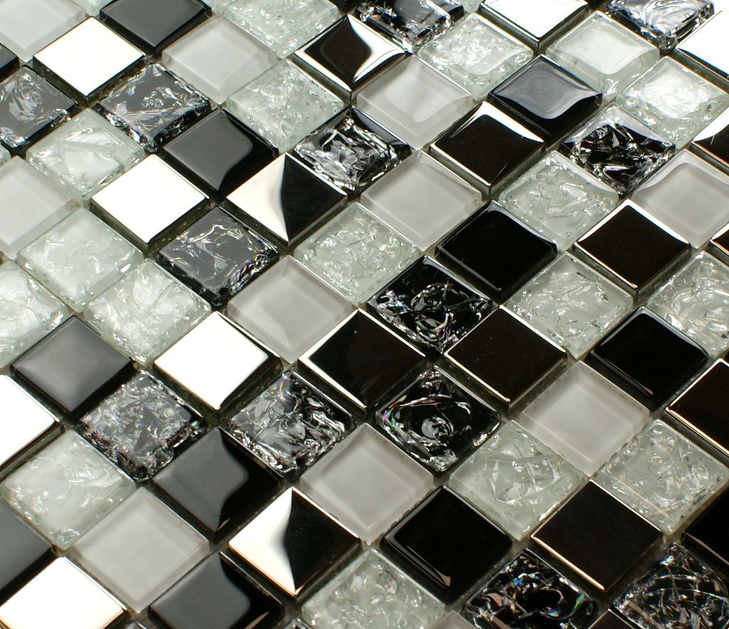 Schwarzes und silbernes Glasmosaik „MONTE 2“, Mosaikfliese für die Wand, schwarzes Mosaik für Küche und Bad