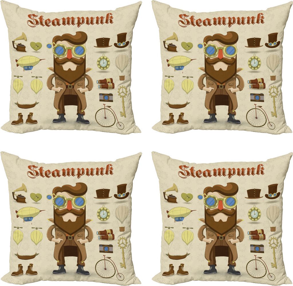 ABAKUHAUS Steampunk Kissenbezug Set (4 Stück), Hipster Gentleman, Moderner Doppelseitiger Digitaldruck, 40 cm x 40 cm, Mehrfarbig