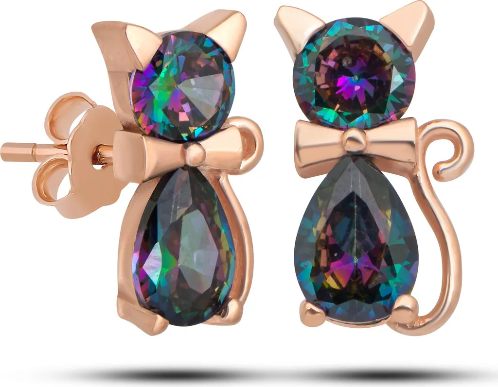 Boucles d'oreilles chat argent et topaze mystique, idée cadeau idéal