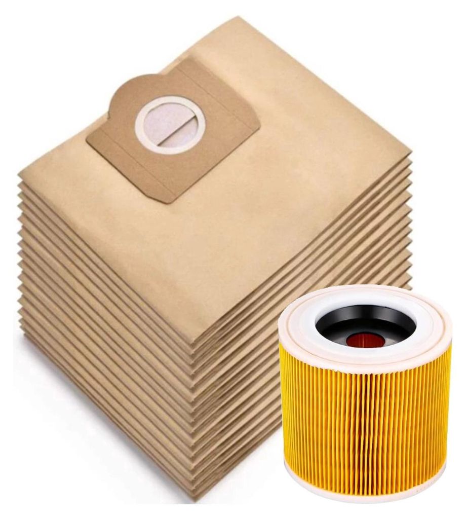 1x Filter und 15x Staubsaugerbeutel geeignet für Karcher WD3 / MV3 Serie - Staubbeutel - Ersetzt 6.959-130.0 - A2204 A 2201 2204 2504 SE4001