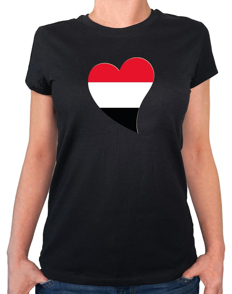 Huuraa Damen T-Shirt Jemen Flagge Herz XL Black Bio Baumwolle Fairtrade Damenshirt Geschenkidee