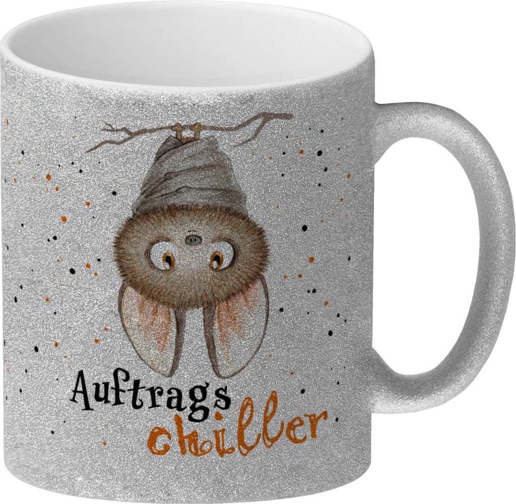 Auftragschiller Glitzer-Kaffeebecher mit Fledermaus
