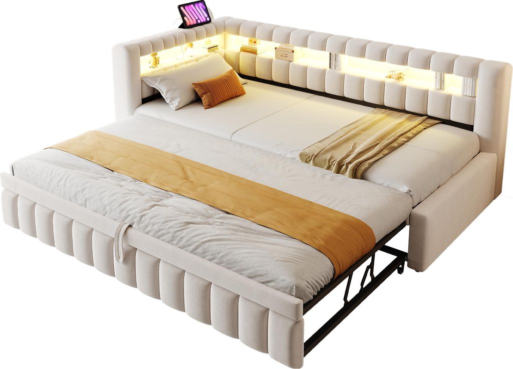 okwish Polsterbett 90×200 mit LED-Beleuchtung,Schlafsofa mit Ausziehbarem,Doppelbett mit Klassisches Streifenmuster,Bettgestell Holzbett mit USB-L...