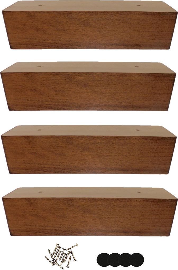 Four wooden furniture feet are stacked vertically against a white background. A small pile of screws and four felt pads are shown at the bottom.