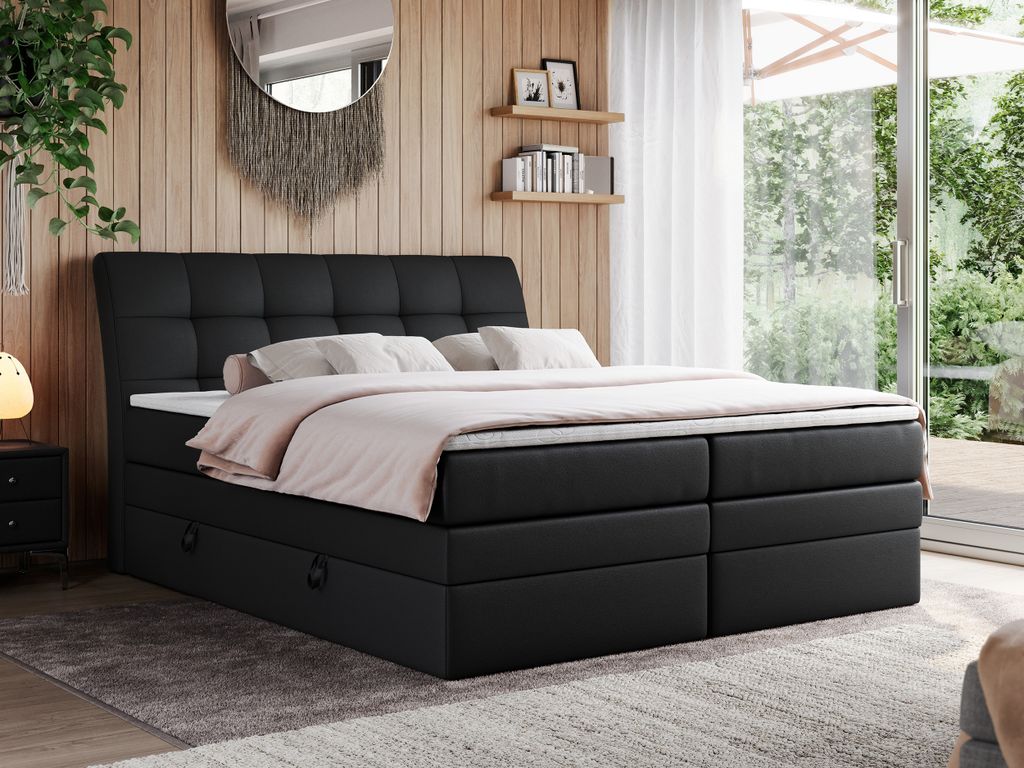 Boxspringbett Polsterbett mit Bettkästen Multipcket Matratze Doppelbett Kopfteil - GOLD 10 KING - 140x200 - Schwarz Kunstleder - H4