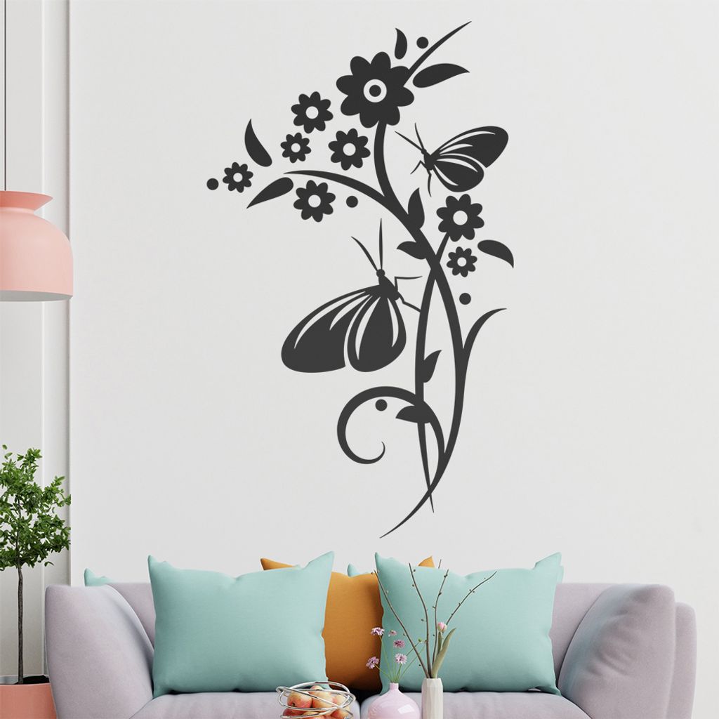 Falter Schmetterling Blüte Wandtattoo in 6 Größen - Wandaufkleber Wall Sticker - Dekoration, Küche, Wohnzimmer, Schlafzimmer, Badezimmer