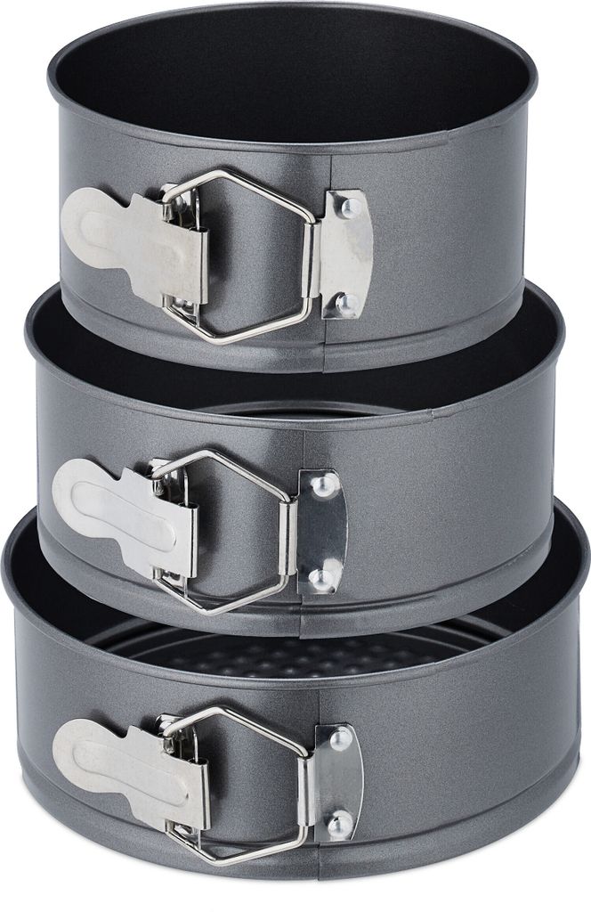 Relaxdays Springform Set, 3 runde Backformen, Ø 14, 16, 18 cm, Edelstahl, Antihaftbeschichtung, Tortenform, anthrazit