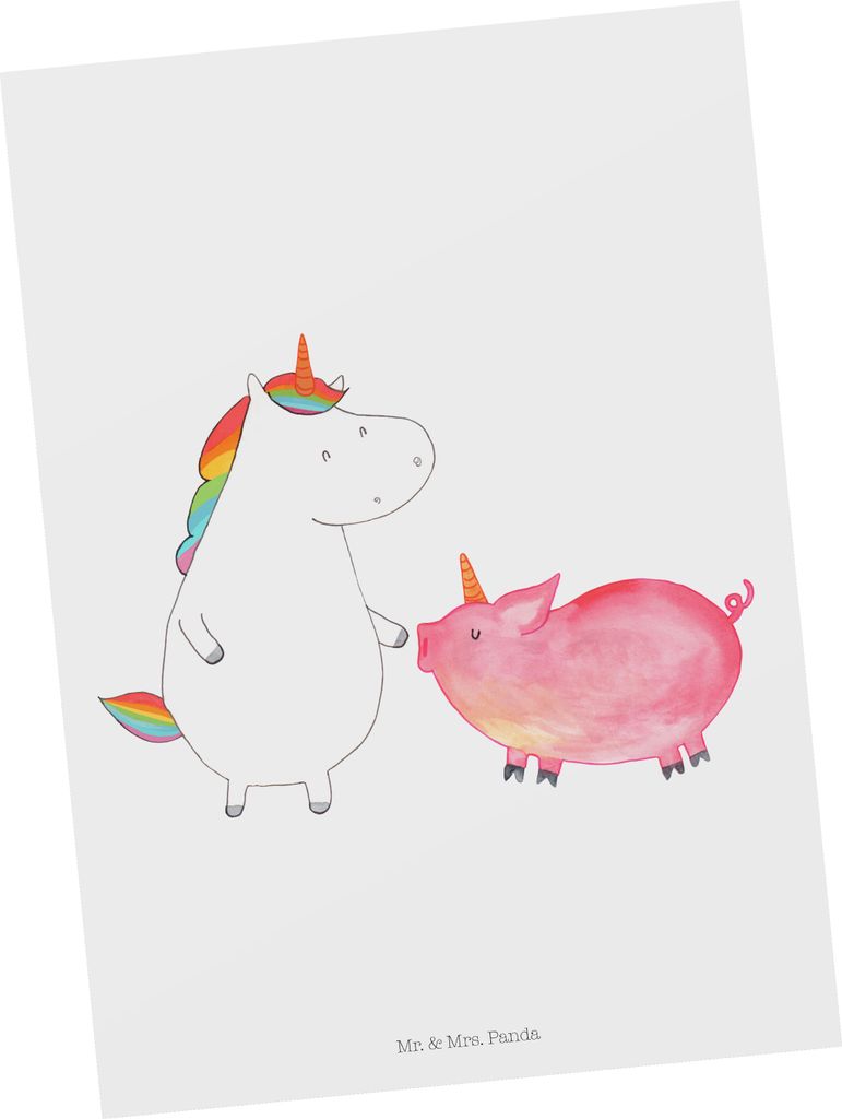 Mr. & Mrs. Panda Postkarte Einhorn Schwein - Weiß - Geschenk, Fotokarte, Unicorn, Schweinchen, Ansichtskarten, Postkarten, Freundin, Ansichtskarte...