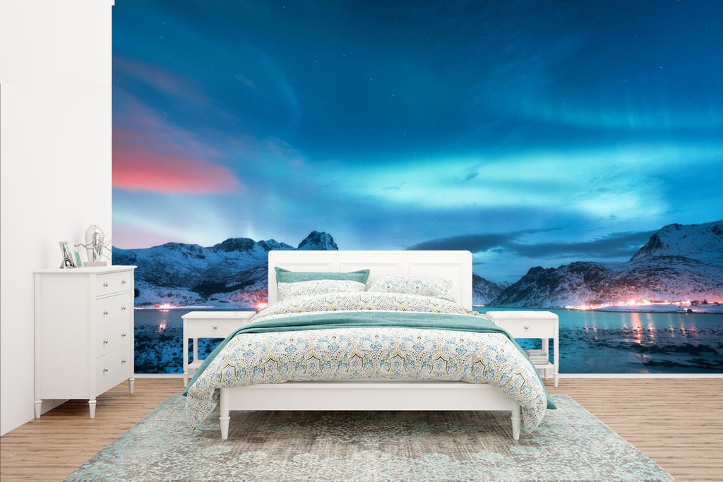 MuchoWow Fototapete für Wohnzimmer oder Schlafzimmer Wandtapete Vinyl Motivtapete Nordlichter - Schnee - Berg - Nacht - 400x240 cm - Gemustert