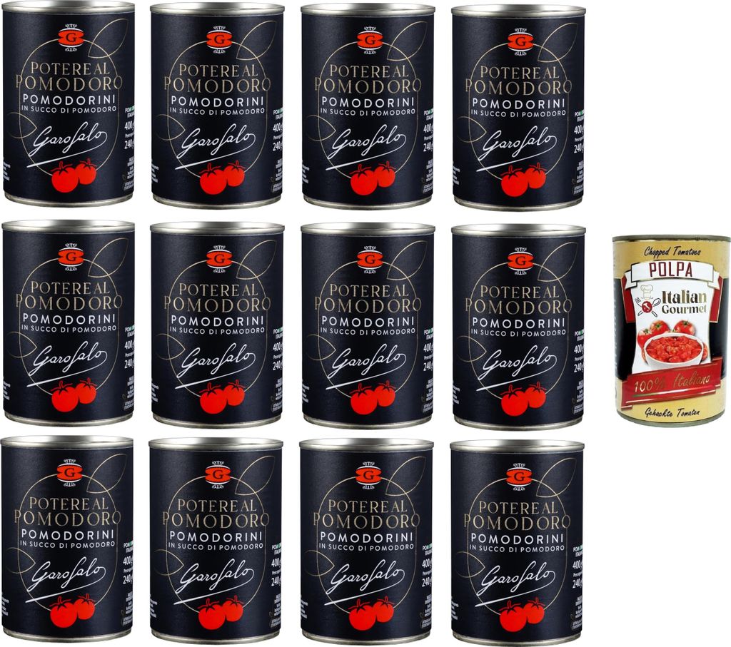 Garofalo Potere al Pomodoro-Pomodorini,Kirschtomaten in Tomatensaft 12x400gr + Italian Gourmet polpa 400g