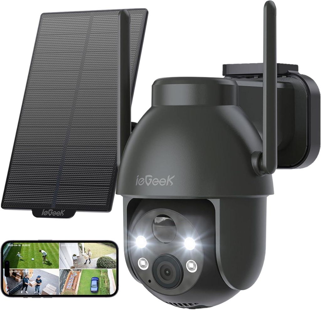 ieGeek 2K 3MP Überwachungskamera Aussen Solar, 360° PTZ 2.4GHz Kabellos Überwachungskamera mit PIR Bewegungsmelder,Farb-Nachtsicht, 2-Wege-Audio...
