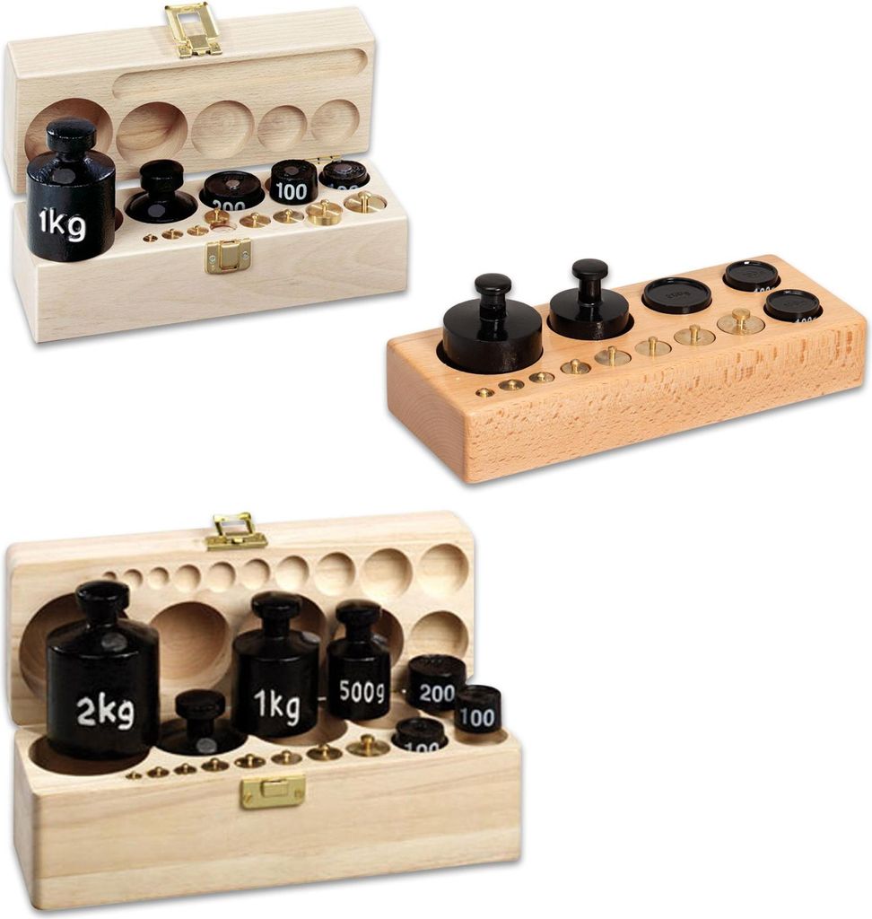 Betzold Gewichtssatz, Aufbewahrungs-Behältnis: Holzblock, Ausführung: 2 kg, weiß beschriftet