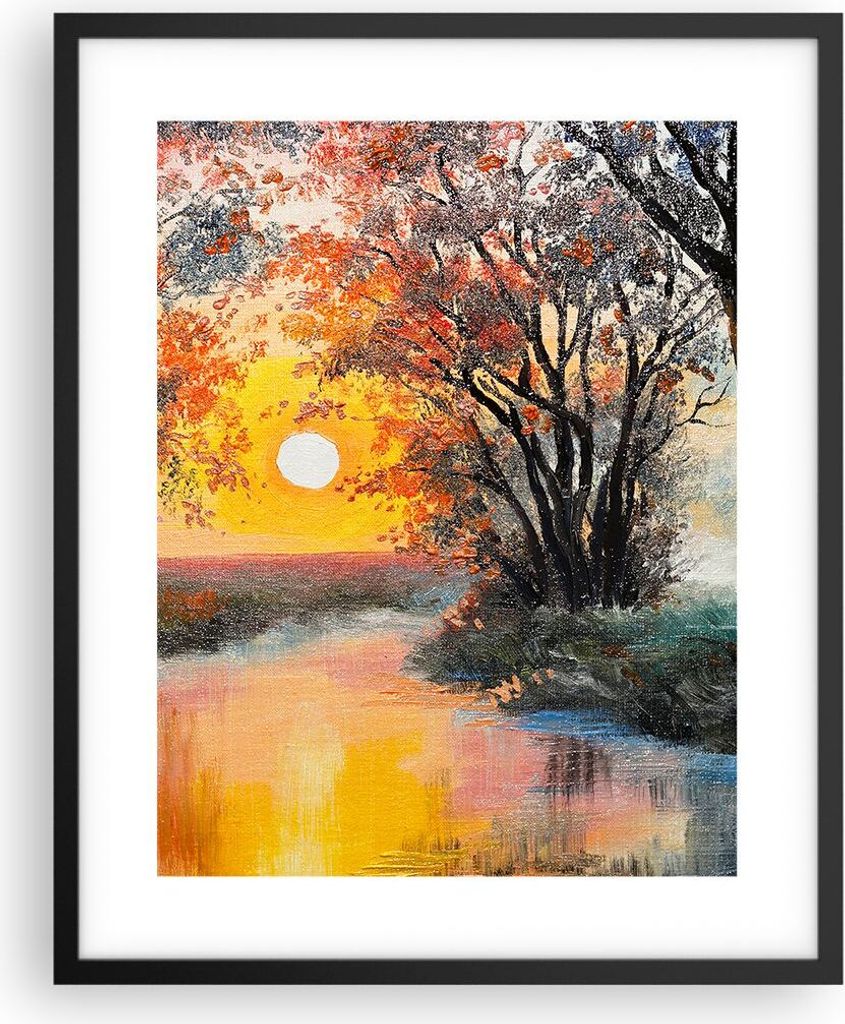 Gerahmtes Poster - Schwarzer Rahmen - Fluss Sonne Bäume - Produktbild 