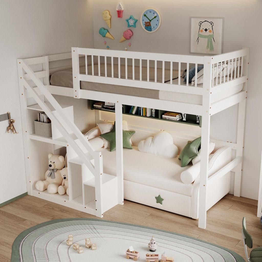 Hochbett 90*200, Treppe mit Aufbewahrungsschrank, Kinderbett, Jugendbett, Einzelbett, Massivholzbett, weiß