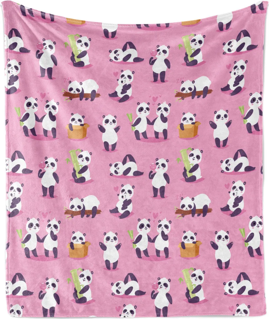 ABAKUHAUS Copertina in morbido pile di flanella con motivi animali, panda che gioca con il bambù Dormire e amarli, 175 x 230 cm, rosa baby Multicolore