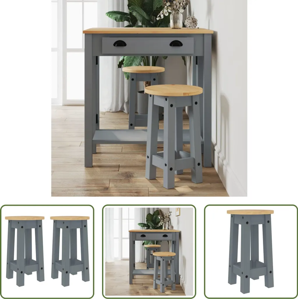 Tabourets de bar gris stables en bois massif : lot de 2 sièges de cuisine