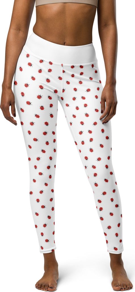 Mr. & Mrs. Panda Leggins Marienkäfer Design Größe XL - Weiß - Geschenk, Leggings, Damen Sporthose, Verspielt, Grüne Punkte, Niedlich, Stretchh...
