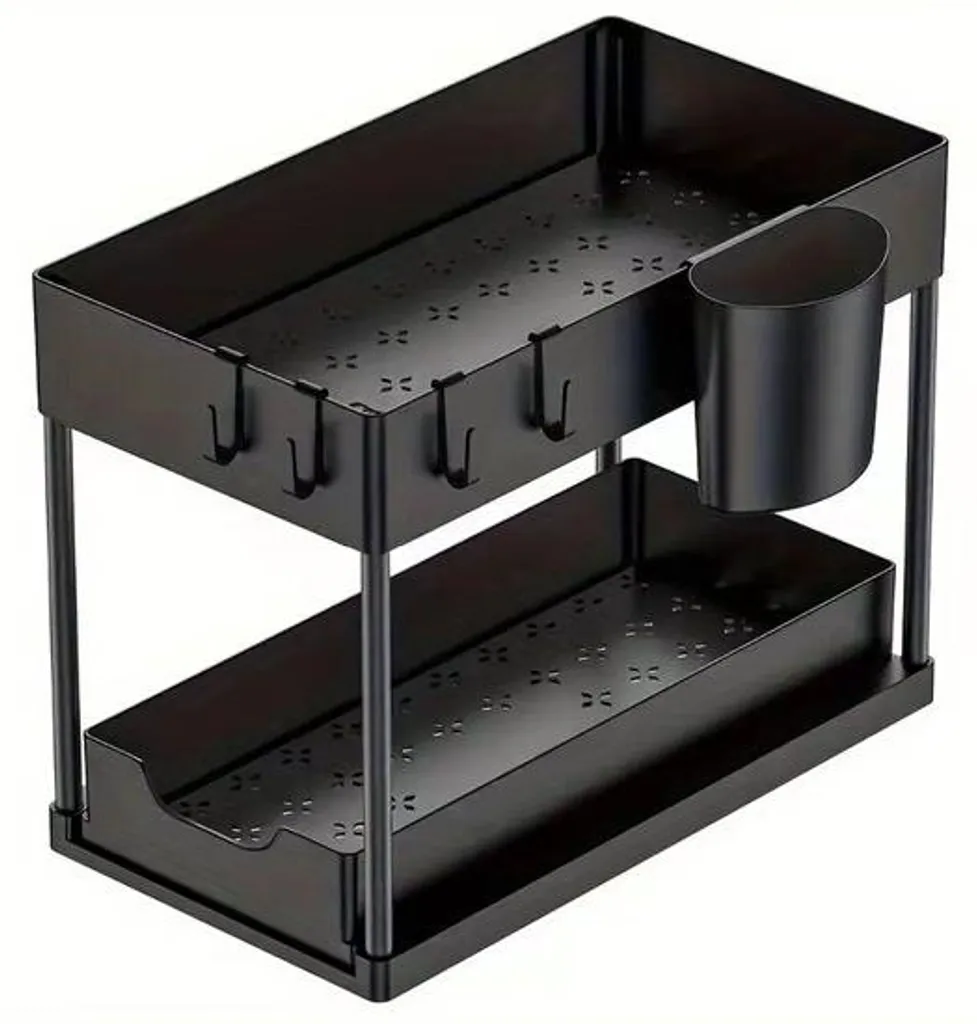Rangement double casier noir rideaux coulissants et porte-couverts kit