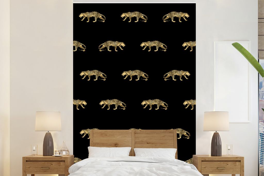 MuchoWow Fototapete für Wohnzimmer oder Schlafzimmer Wandtapete Vinyl Motivtapete Panther - Muster - Gold - 180x280 cm - Wallpaper