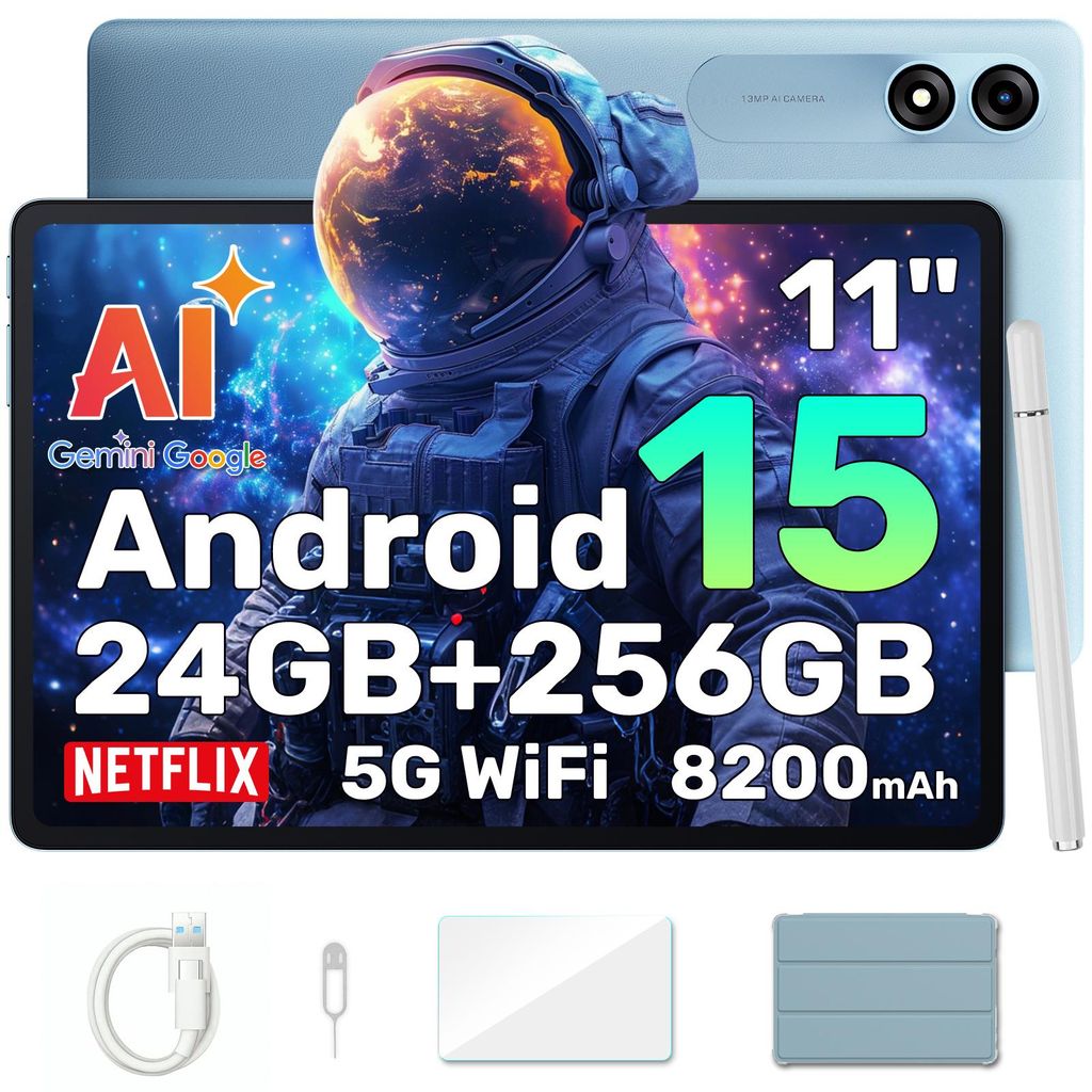 A marketing image for a tablet, featuring an astronaut graphic and product specifications.